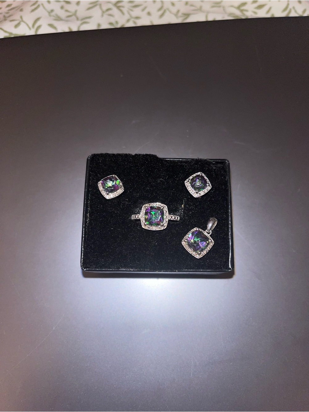 Sterling Silver Mystic Topaz Square Halo Jewelry Set - Purple Green